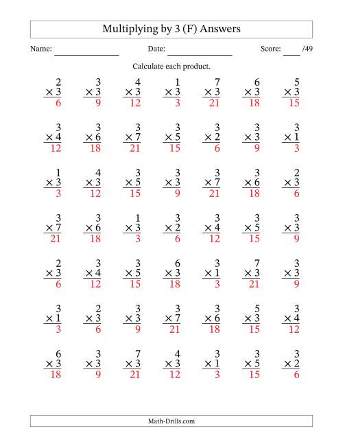 The Multiplying (1 to 7) by 3 (49 Questions) (F) Math Worksheet Page 2