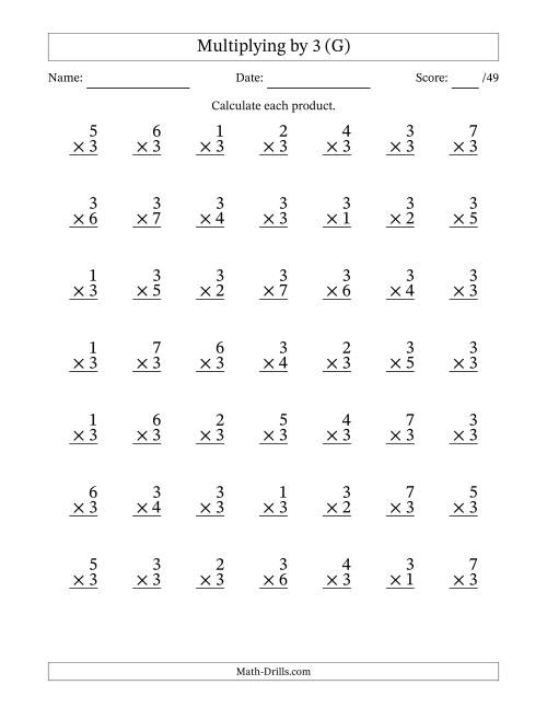 The Multiplying (1 to 7) by 3 (49 Questions) (G) Math Worksheet