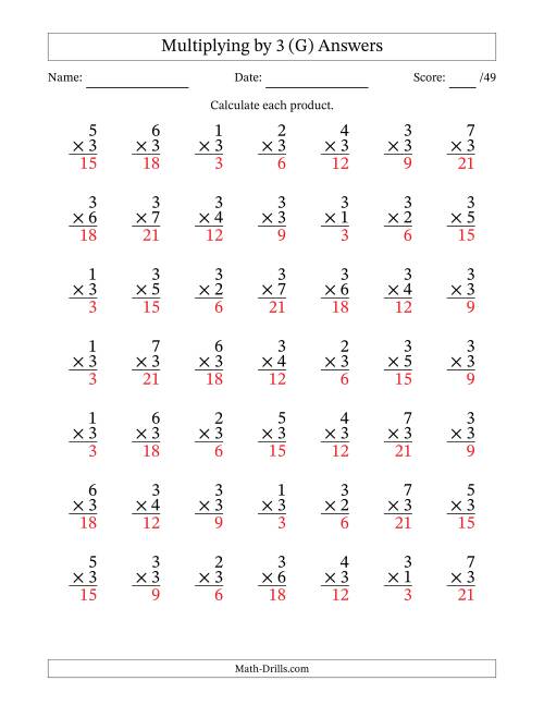 The Multiplying (1 to 7) by 3 (49 Questions) (G) Math Worksheet Page 2