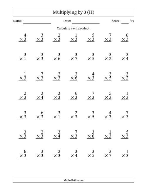 The Multiplying (1 to 7) by 3 (49 Questions) (H) Math Worksheet