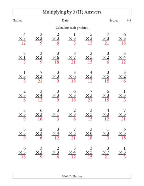 The Multiplying (1 to 7) by 3 (49 Questions) (H) Math Worksheet Page 2