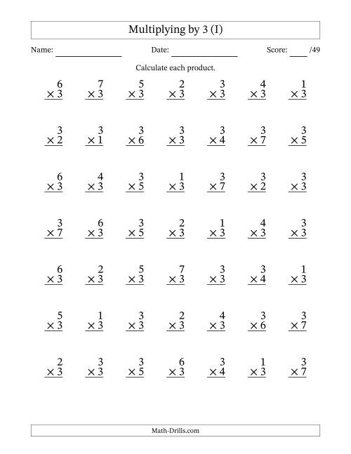 The Multiplying (1 to 7) by 3 (49 Questions) (I) Math Worksheet