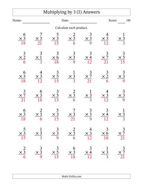 The Multiplying (1 to 7) by 3 (49 Questions) (I) Math Worksheet Page 2