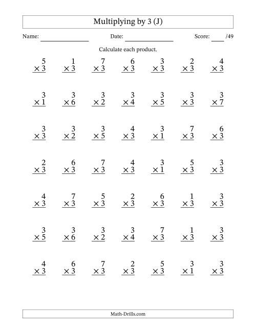 The Multiplying (1 to 7) by 3 (49 Questions) (J) Math Worksheet
