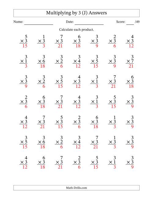 The Multiplying (1 to 7) by 3 (49 Questions) (J) Math Worksheet Page 2