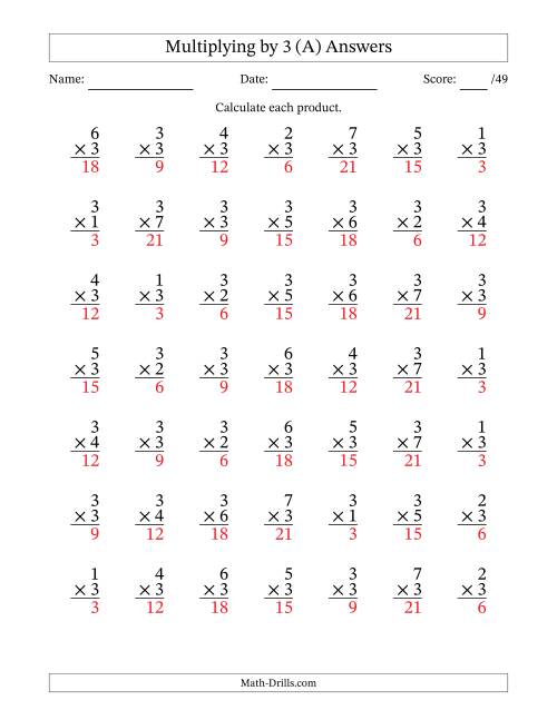 The Multiplying (1 to 7) by 3 (49 Questions) (All) Math Worksheet Page 2