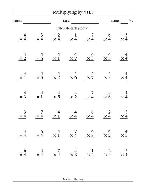 The Multiplying (1 to 7) by 4 (49 Questions) (B) Math Worksheet