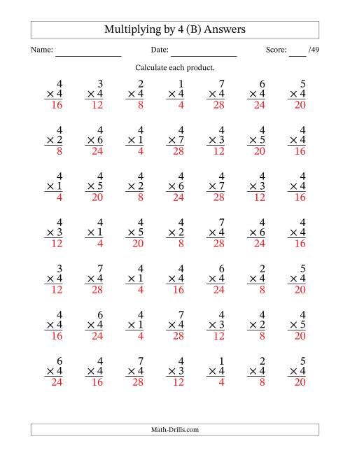 The Multiplying (1 to 7) by 4 (49 Questions) (B) Math Worksheet Page 2