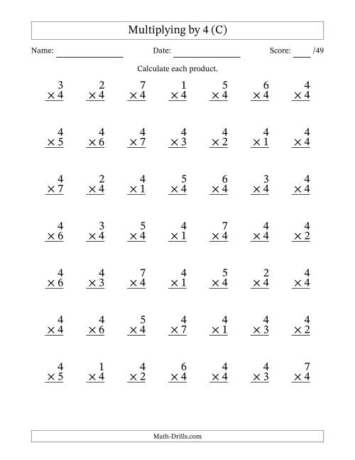 The Multiplying (1 to 7) by 4 (49 Questions) (C) Math Worksheet