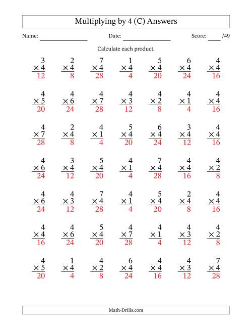 The Multiplying (1 to 7) by 4 (49 Questions) (C) Math Worksheet Page 2