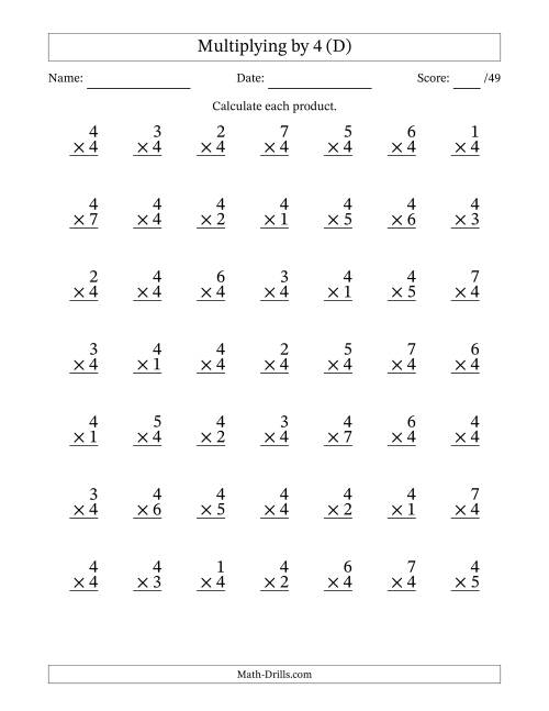 The Multiplying (1 to 7) by 4 (49 Questions) (D) Math Worksheet