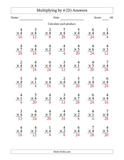 The Multiplying (1 to 7) by 4 (49 Questions) (D) Math Worksheet Page 2