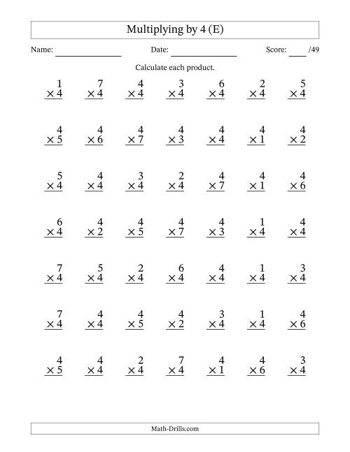 The Multiplying (1 to 7) by 4 (49 Questions) (E) Math Worksheet