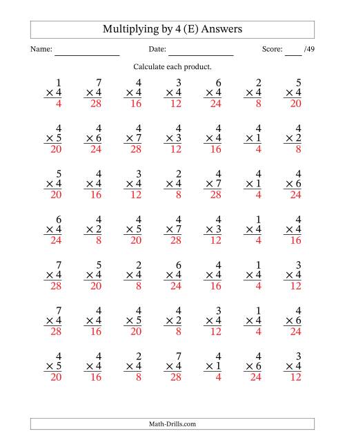 The Multiplying (1 to 7) by 4 (49 Questions) (E) Math Worksheet Page 2