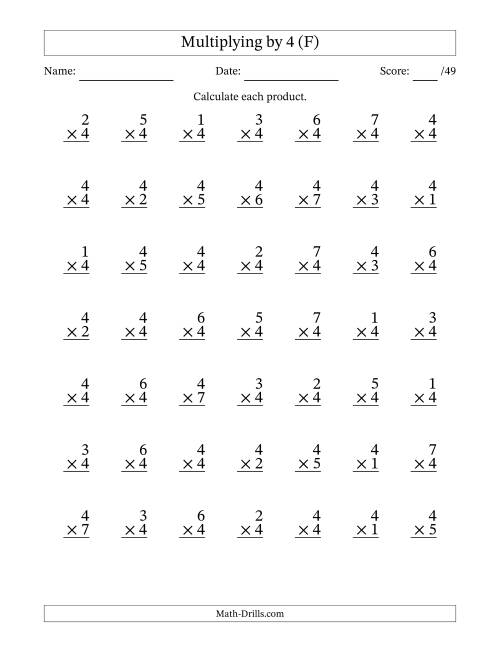 The Multiplying (1 to 7) by 4 (49 Questions) (F) Math Worksheet