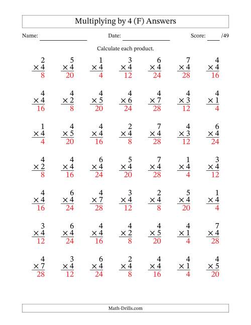 The Multiplying (1 to 7) by 4 (49 Questions) (F) Math Worksheet Page 2