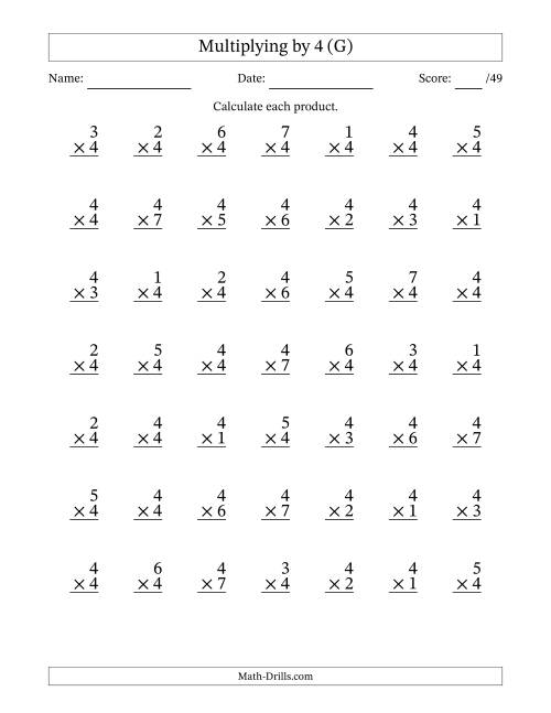 The Multiplying (1 to 7) by 4 (49 Questions) (G) Math Worksheet