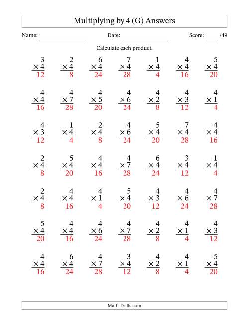 The Multiplying (1 to 7) by 4 (49 Questions) (G) Math Worksheet Page 2