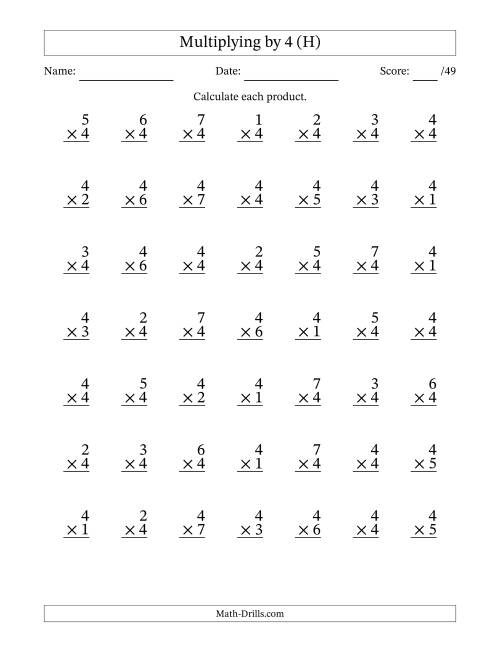 The Multiplying (1 to 7) by 4 (49 Questions) (H) Math Worksheet