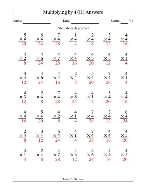 The Multiplying (1 to 7) by 4 (49 Questions) (H) Math Worksheet Page 2