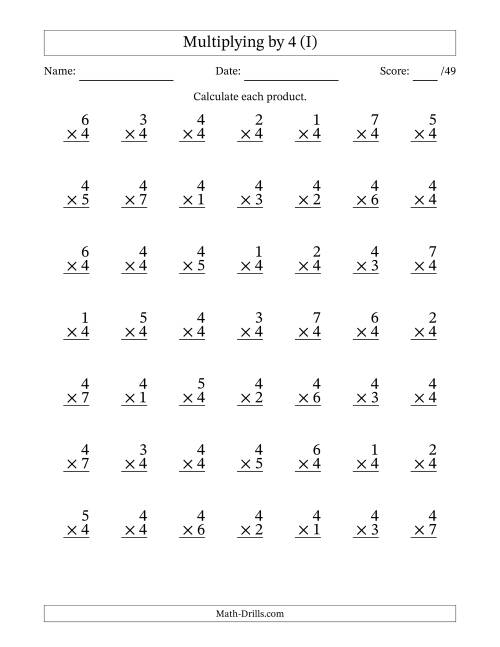 The Multiplying (1 to 7) by 4 (49 Questions) (I) Math Worksheet