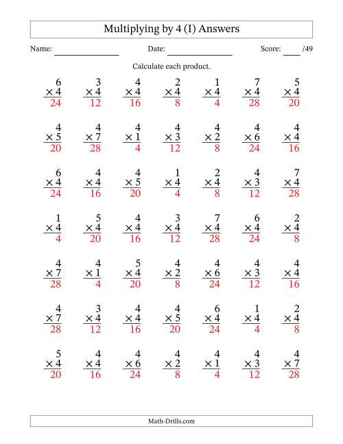 The Multiplying (1 to 7) by 4 (49 Questions) (I) Math Worksheet Page 2