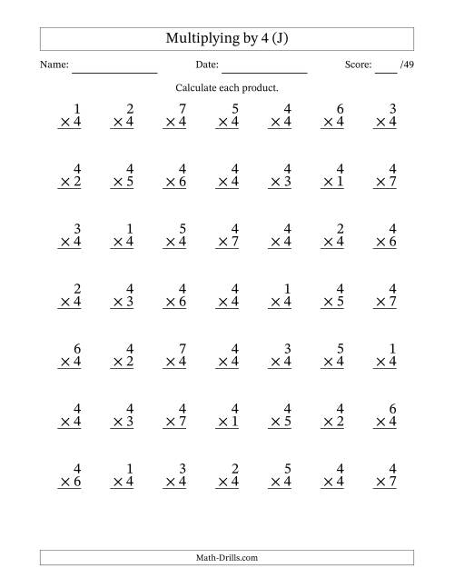 The Multiplying (1 to 7) by 4 (49 Questions) (J) Math Worksheet
