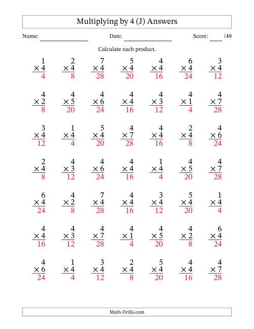 The Multiplying (1 to 7) by 4 (49 Questions) (J) Math Worksheet Page 2