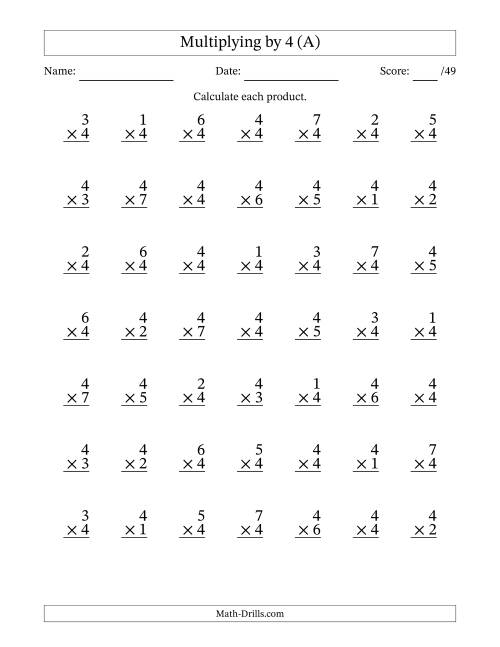 The Multiplying (1 to 7) by 4 (49 Questions) (All) Math Worksheet