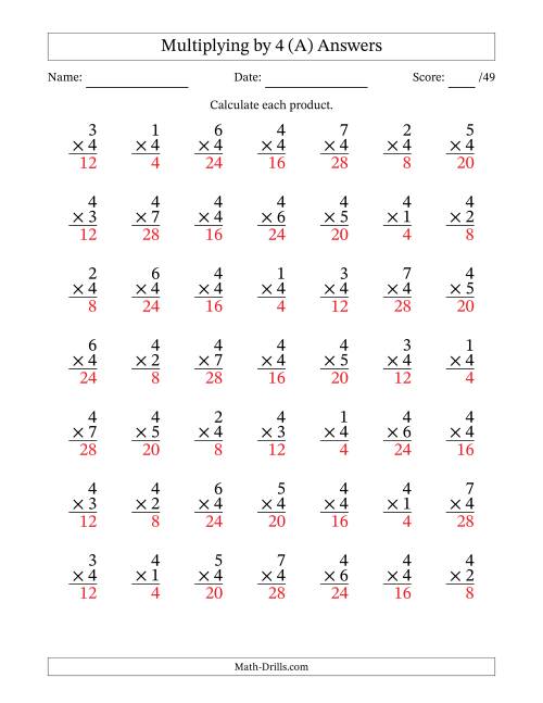The Multiplying (1 to 7) by 4 (49 Questions) (All) Math Worksheet Page 2