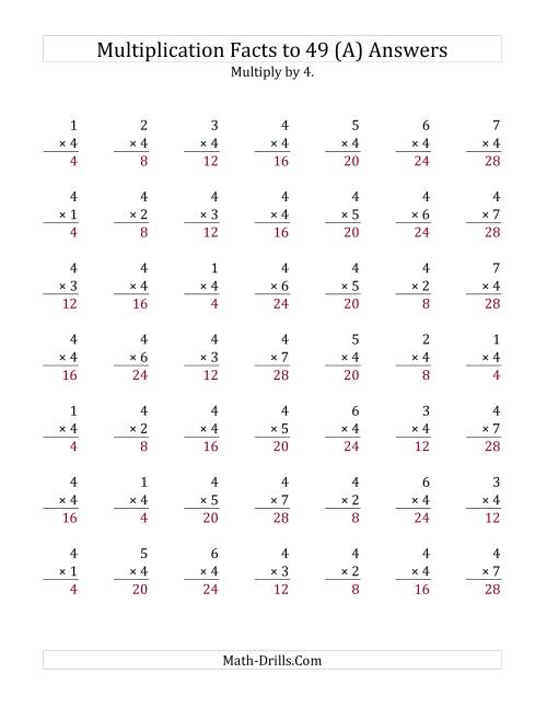 The Multiplication Facts to 49 No Zeros with Target Fact 4 (Old) Math Worksheet Page 2