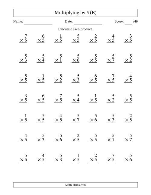 The Multiplying (1 to 7) by 5 (49 Questions) (B) Math Worksheet