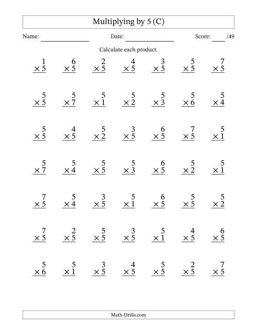 The Multiplying (1 to 7) by 5 (49 Questions) (C) Math Worksheet