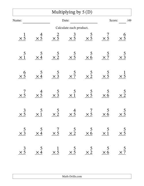 The Multiplying (1 to 7) by 5 (49 Questions) (D) Math Worksheet
