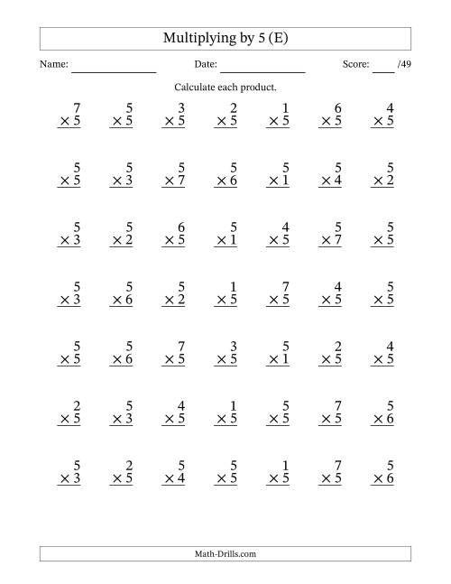 The Multiplying (1 to 7) by 5 (49 Questions) (E) Math Worksheet