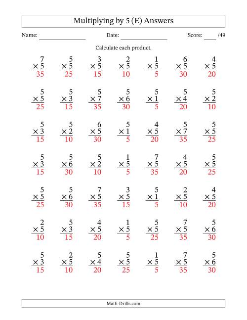 The Multiplying (1 to 7) by 5 (49 Questions) (E) Math Worksheet Page 2