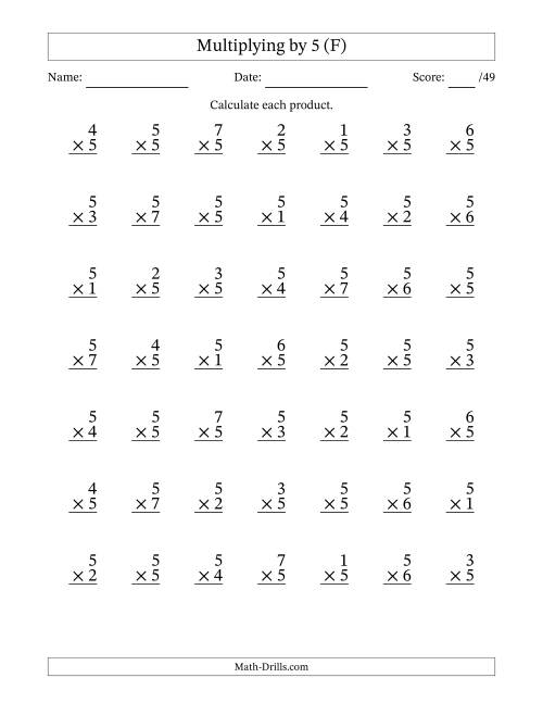 The Multiplying (1 to 7) by 5 (49 Questions) (F) Math Worksheet
