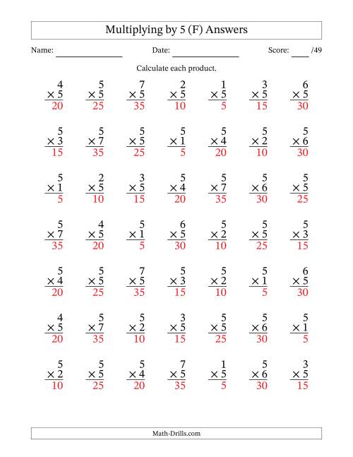 The Multiplying (1 to 7) by 5 (49 Questions) (F) Math Worksheet Page 2