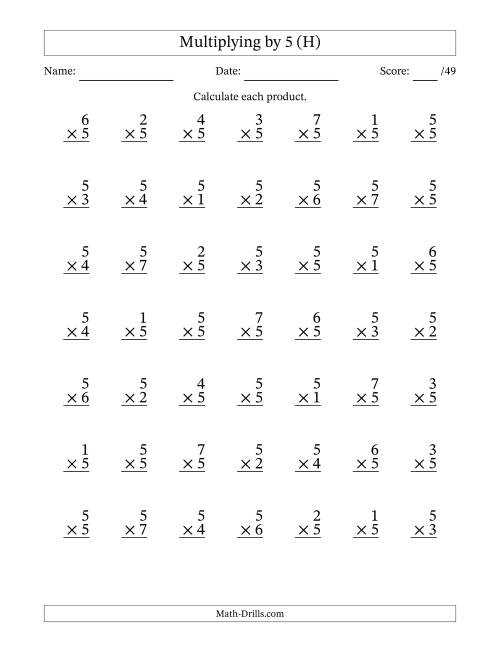 The Multiplying (1 to 7) by 5 (49 Questions) (H) Math Worksheet