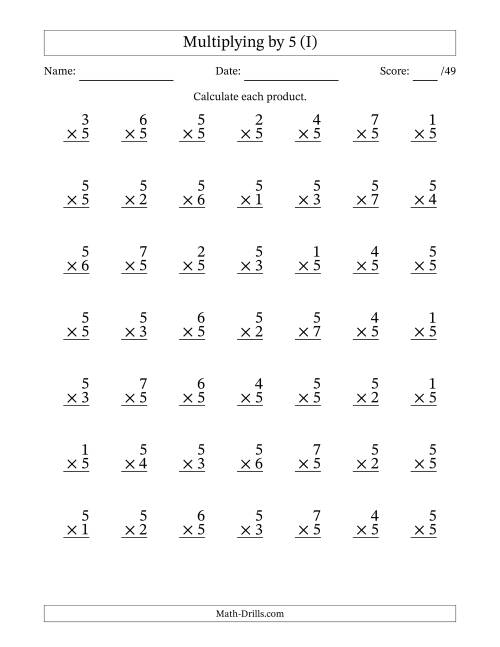The Multiplying (1 to 7) by 5 (49 Questions) (I) Math Worksheet