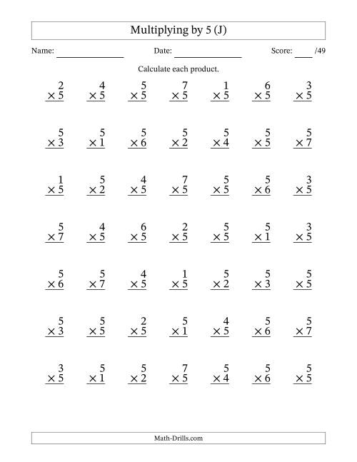 The Multiplying (1 to 7) by 5 (49 Questions) (J) Math Worksheet