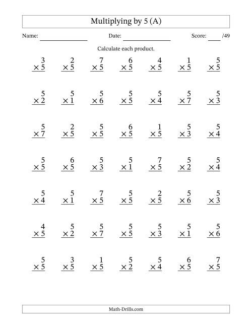 The Multiplying (1 to 7) by 5 (49 Questions) (All) Math Worksheet