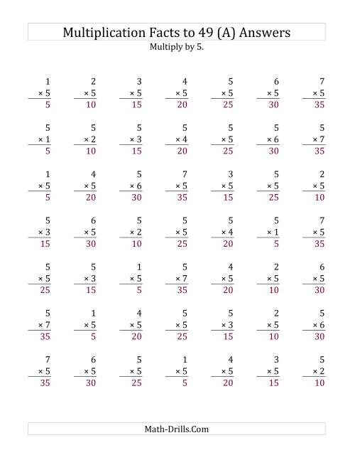 The Multiplication Facts to 49 No Zeros with Target Fact 5 (Old) Math Worksheet Page 2