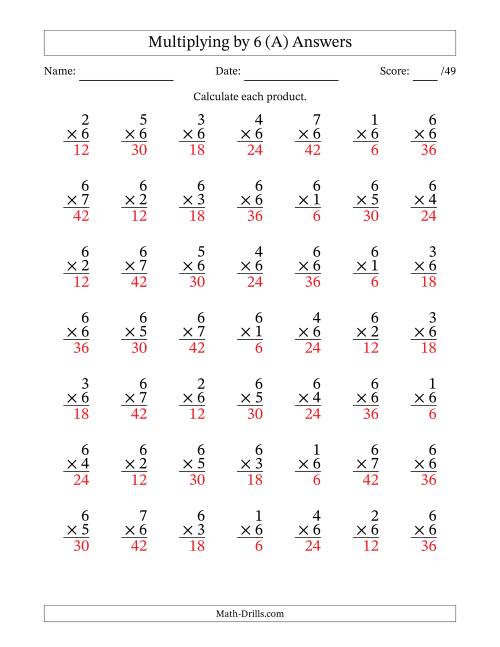 The Multiplying (1 to 7) by 6 (49 Questions) (A) Math Worksheet Page 2
