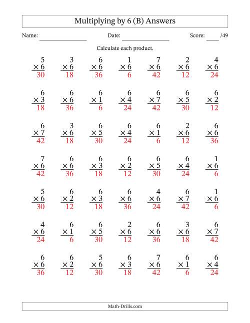 The Multiplying (1 to 7) by 6 (49 Questions) (B) Math Worksheet Page 2