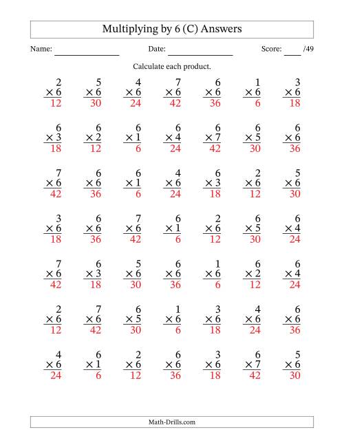 The Multiplying (1 to 7) by 6 (49 Questions) (C) Math Worksheet Page 2