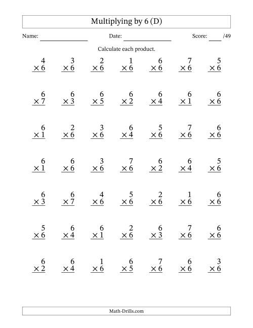 The Multiplying (1 to 7) by 6 (49 Questions) (D) Math Worksheet
