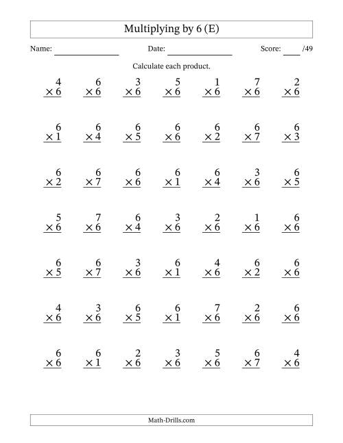 The Multiplying (1 to 7) by 6 (49 Questions) (E) Math Worksheet
