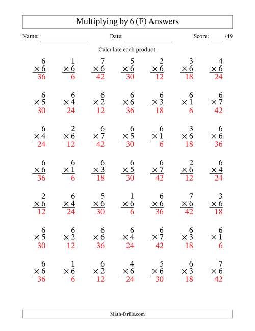The Multiplying (1 to 7) by 6 (49 Questions) (F) Math Worksheet Page 2