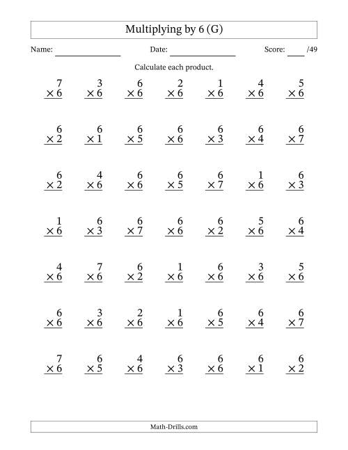 The Multiplying (1 to 7) by 6 (49 Questions) (G) Math Worksheet